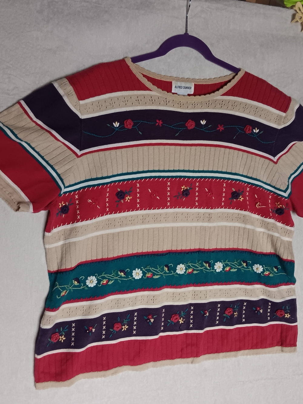 Alfred Dunner Multicolor Floral Stripe Short-Sleeve Sweater - Red, Beige, Teal